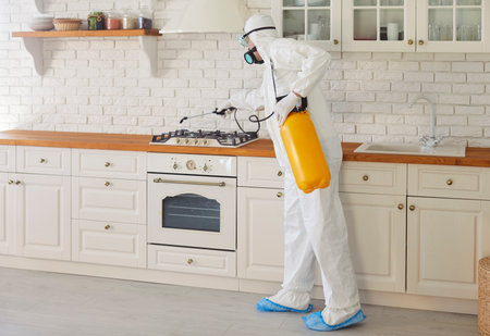 Professional worker in hazmat suit disinfecting kitchen indoor, insect killers, pandemic health risk, coronavirus sterilizing and eliminating bacteria, germs, viruses, spiders, ants, bugs, cockroachの写真素材