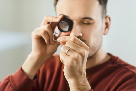 Jewellery inspector careful attention, visual examination of jewelry ring, experienced male jeweler detects damages, quality, price for jewelry trader, gem expert with magnifying glass, jeweler loupeの写真素材
