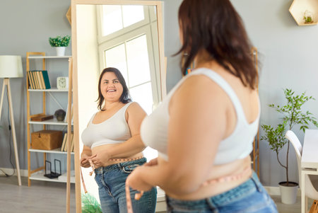 Confident plus size woman measuring waist with tape measure while looking at reflection in mirror at home. Smiling overweight female checking weight loss progress, feeling empowered and motivated.の写真素材