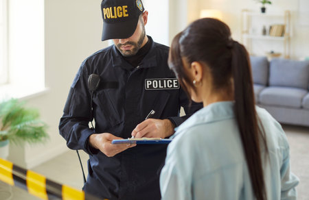 Portrait of young police man officer talking to witnesses standing at a fenced crime scene and interrogating a woman robbery victim after burglary at home. Robbery, safety of property concept.の写真素材