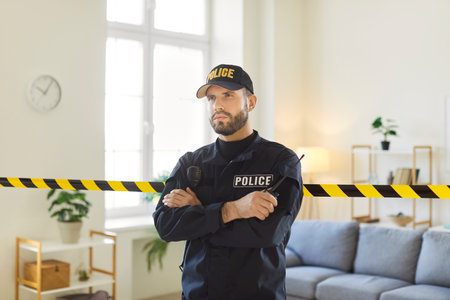 Police officer displays serious demeanor while observing crime scene in residential building. Officer, dressed in typical police uniform and cap, is in living room where yellow tape marks crime scene.の写真素材