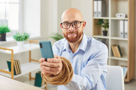 Portrait of a man with bounded hands, looking at camera, showcasing internet addiction and obsession with online entertainment via smartphone. A unique concept reflecting digital dependency.の写真素材