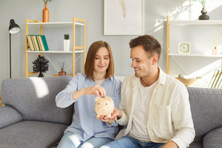 Happy young family, couple saving money for future life purchase, making reserve fund, planning budget, collecting cash, dropping coins into piggybank at home, financial aim, insurance investmentの写真素材