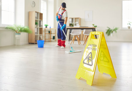 Busy cleaner working, professional janitor service completing cleaning task at home, office, active young man performing domestic duties, washing floor, dusting, mopping, wet floor caution signの写真素材