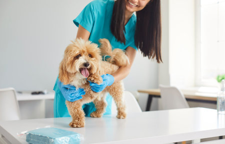 Caring female vet doctor wearing medical uniform, veterinary clinic nurse, cute puppy at examination table stethoscope listening to heart, lungs, animal pedigree dog, medical specialist checks for petの写真素材