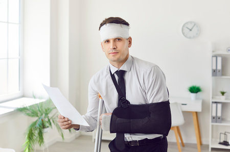 Portrait of injured male office worker with sick leave form or medical insurance document. Young man employee with broken arm, leg and head injury holding sheet of paper and looking at cameraの写真素材