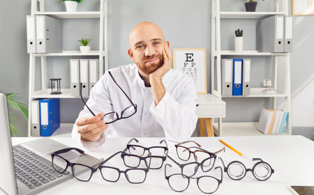 Eyeglasses. Optician with satisfied expression on his face offers selection of stylish glasses in his office. Man in medical clothes presents selection of modern glasses lying on table near laptop.の写真素材