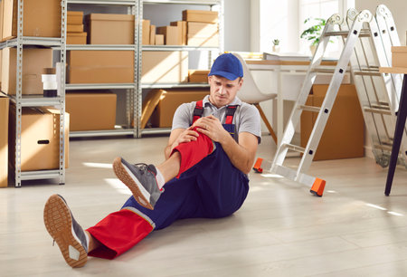 Accident at work, worker with knee injury or trauma in warehouse. The worker is seen sitting on the floor, highlighting the importance of safety measures and emergency preparedness in the workplace.の写真素材