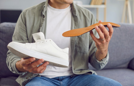 Unrecognizable adult man sitting on a sofa at home and holding a new white sneaker and a beige orthopedic insole. Sports footwear, orthopedic shoes, flatfoot treatment, comfort conceptの写真素材
