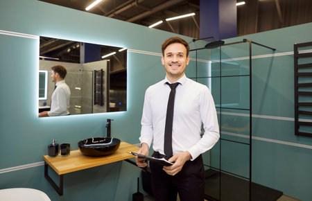 Portrait of a happy salesman within a plumbing and hardware store. He specializes in water related products for the bathroom and home, providing expert advice to customers in the shop.の写真素材