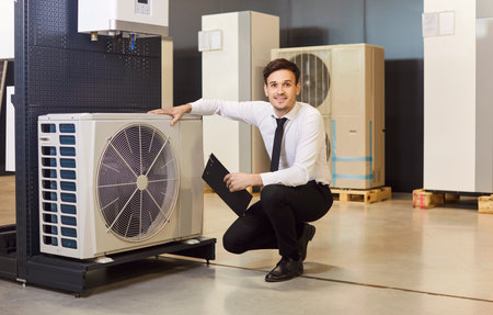 Portrait of a happy consultant or salesman in an HVAC store. He specializes in air conditioners and is enthusiastic about helping customers select the right hardware and equipment.の写真素材