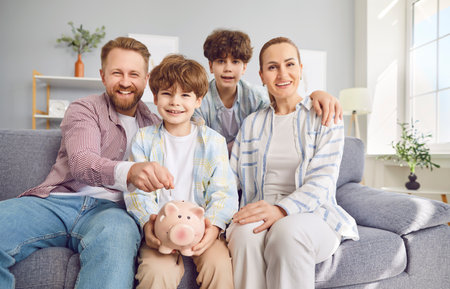 Portrait of happy smiling father putting money coin into piggy bank sitting on sofa with wife and children in the living room at home. Family savings, investment and money management concept.の写真素材