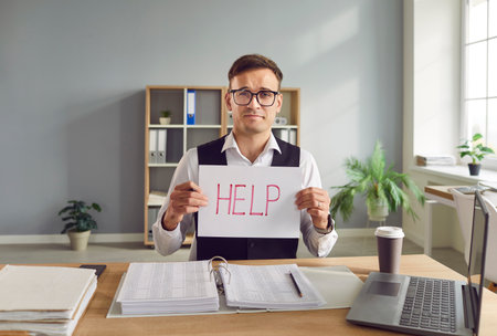 Tired businessman, bookkeeper or financial accountant asking for help with office paperwork. Portrait of man sitting at work desk, holding HELP sign and looking at camera with sad facial expressionの写真素材