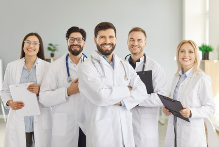 Portrait of happy and smiling man doctor or nurse with medical staff team in hospital or clinic, focusing on group collaboration in a professional setting with dedication and care.の写真素材