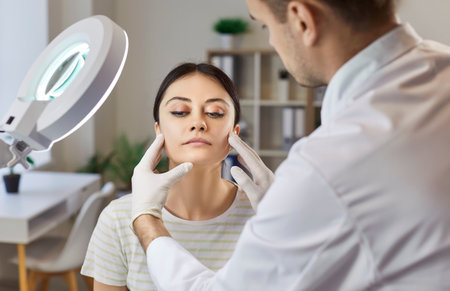 Woman preparing for plastic surgery, being examined by plastic surgeon in clinic under lamp. Female model visiting beautician for facial treatment and skin care. Beauty procedures and rejuvenationの写真素材