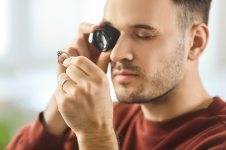 Close up shot of male jeweler examining gold ring with magnifying glass, working in workshop, manufacturing or repairing jewellery. Jewelry appraiser identifying gemstones. Jewelery repairの写真素材