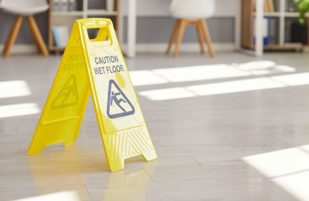 Yellow caution sign for wet floor standing in office, indicating safety concern during cleaning, focusing on cleanup and warning in a professional setting with attention to detail.の写真素材