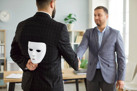 Businessman wearing suit giving dishonest handshake hiding white face mask behind his back. The concept of hypocrite agreement, treachery risk and betray business partnership conceptの写真素材