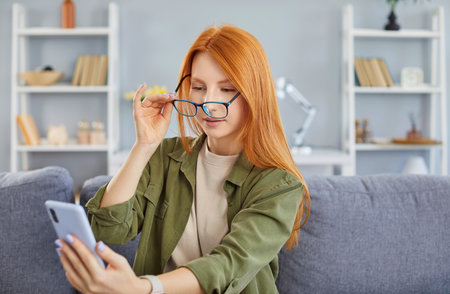 Portrait of a young woman sitting on sofa at home holding eyeglasses and trying to read message on smartphone having farsightedness eye disease. Presbyopia and vision problems concept.の写真素材