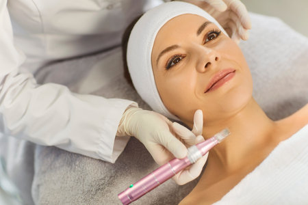 Beautiful woman receiving apparatus facial treatment procedure from cosmetologist in beauty wellness spa salon. Beautician with female client in cosmetology cabinet. Skin care concept.の写真素材