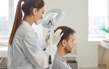 Focused trichologist doctor or nurse examines patient head and hair in clinic, addressing alopecia with dermatology treatment in a professional setting with focus on care and recovery.の写真素材