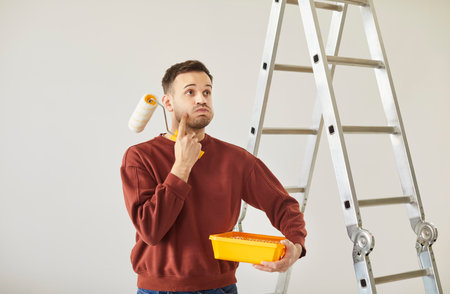 Portrait of young handsome painter man wearing casual clothes holding paint roller and tools for renovation with confused thinking face expression. Repair home renovating house concept.の写真素材
