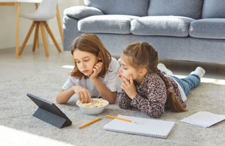 Two little children lying on carpet at home and watching something on digital tablet. Focused siblings eating popcorn and relaxing together in living room during weekend leisure and screen time.の写真素材