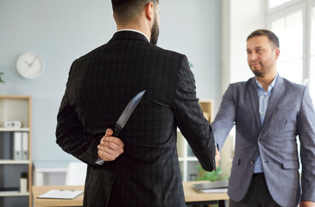Businessman holding knife behind his back and shaking hands with male partner wearing suit standing in office. Man doing agreement.の写真素材