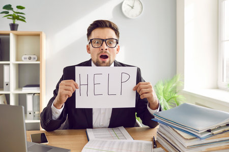 Office employee shocked by amount of work he has to do. Man worker in glasses sitting at desk with a lot of paperwork, asking for help with paper sign, and looking at camera with funny face expressionの写真素材
