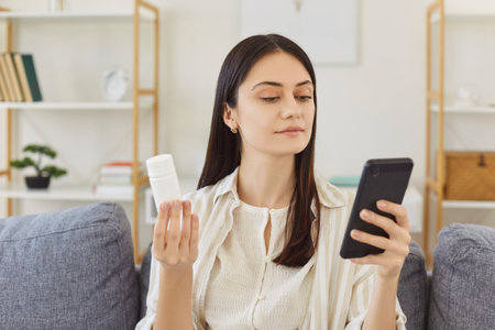 Smartphone drug pill instruction browsing, consulting online in internet, medicines, daily norm of vitamins, modern pharmacy for body and mental health, pain killer, healthcare, medicine, therapyの写真素材