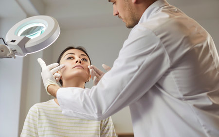 Beauty treatment, cosmetic surgery, beautician, plastic surgeon consulting female patient in clinic, attractive woman with doctor touches face, professional cosmetology care, skincare, appearanceの写真素材