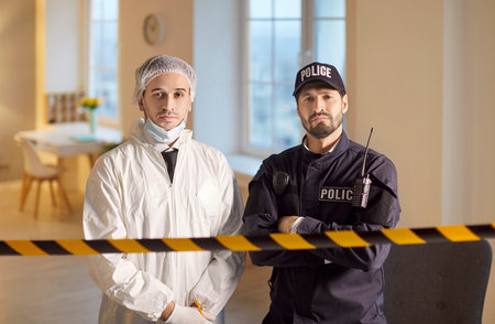Confident police officer and male forensic investigator stand next to each other in uniform, working...