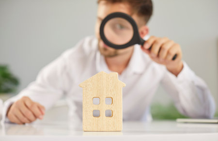 Real estate agent conducts market research in the office, examining a house model through a magnifier. The realtor is focused on property trends, home sales, and real estate market analysis.の写真素材
