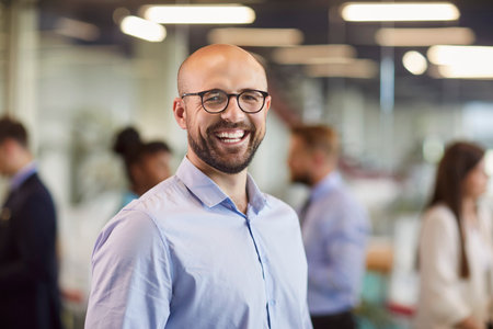 Portrait of a happy and smiling businessman wearing eyeglasses at the office. He is working and exudes positivity, embodying the role of a business leader and chief with a positive attitude.の写真素材