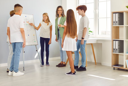 Group of school children standing in a circle discussing study project with female friendly teacher. Student girl presenting project homework during class lesson in the classroom. Education concept.の写真素材