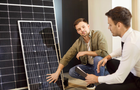 Shop assistant helping a customer choose a solar panel. Salesman at the store talks about technological advantages of photovoltaic panels to a young male client who wants to invest for future economyの写真素材