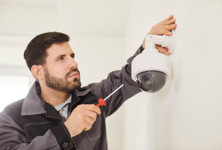 Portrait of a young technician man in uniform installing surveillance CCTV camera on the wall indoors. Male worker using screwdriver while fixing security camera in modern office or at home.の写真素材