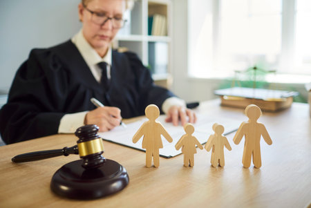 Judge woman in professional outfit black robe writing reviewing family jurisprudence documents in court room desk, examination or discussion of legal and judicial settings, law of domestic relationsの写真素材