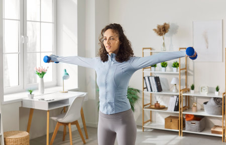 Focused young woman exercising with small dumbbells, raising arms sideways during strength training....