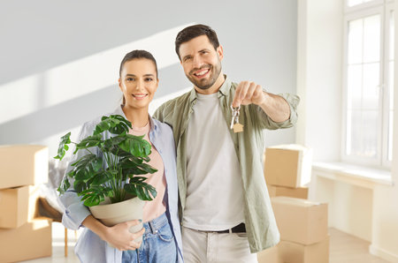 Smiling couple standing in new apartment surrounded by cardboard boxes. Happy man holding keys, showing them to camera while woman holding green potted plant. Excited homeowners moving into new home.の写真素材
