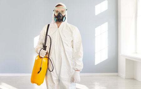 Exterminator service man in mask, worker wearing protective white coverall holding pump sprayer chemicals, professional pest disinfection, control for cockroaches, bedbugs, dangerous infestationsの写真素材