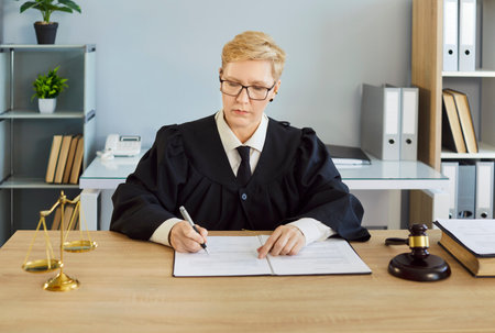 Judge serious woman in professional outfit black robe writing reviewing documents in court room at desk, examination, discussion of legal and judicial settings, lawyer consultation, case preparationの写真素材