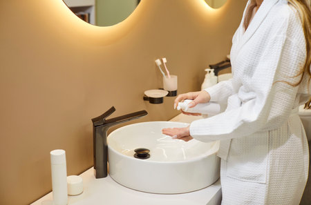 Woman standing near mirror wearing bathrobe, applying lotion, soap in modern bathroom of minimalist design, after showering, bathing, beauty face skincare, gently apply cream, beauty hygiene routineの写真素材