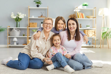 Happy family together, grandchildren, mother and grandmother friendly portrait at home, sit laughing on floor, hugging with love, warmth, care, enjoying family relations, communication and close careの写真素材