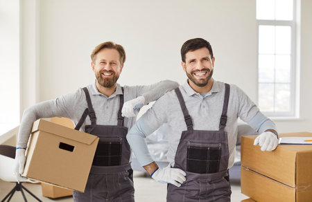 Happy men from delivery service, posing with cardboard boxes, providing moving service, looking cheerful at camera, helping with home or office relocation, standing in empty apartmentの写真素材