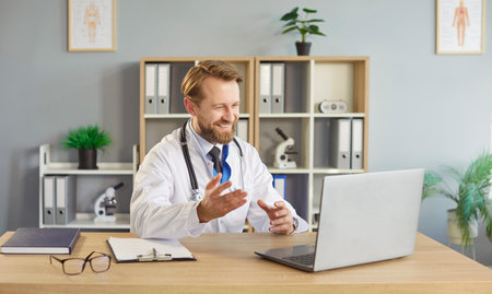 Positive doctor or nurse conducts online video call with patient using laptop in clinic, offering consultation and medicare aid in a professional setting with focus and compassionate care.の写真素材