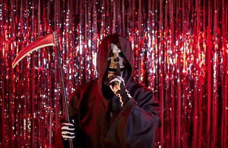 Portrait of a frightening grim reaper with skeleton mask holding scythe, making shh silence gesture on red background with mystery and intrigue every moment during Halloween party.の写真素材