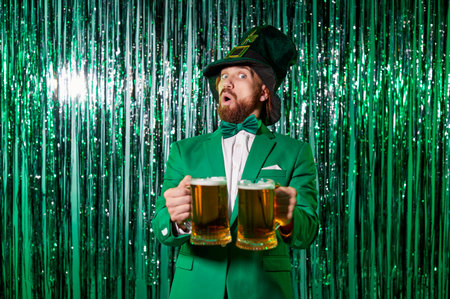 Portrait of happy funny man holding glasses of bear wearing green suit and leprechaun hat looking at camera on festive foil background. Male person celebrating Saint Patricks Day on holiday party.の写真素材