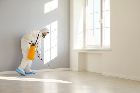 Professional exterminator in white workwear spraying insecticide in modern empty room, disinfecting apartment, doing pest control with disinfectant spray, ensuring clean environmentの写真素材
