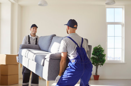 Two professional movers carrying heavy gray sofa into new empty spacious room. Employees of moving company in uniform helping with furniture moving, assisting with home relocation or delivery service.の写真素材